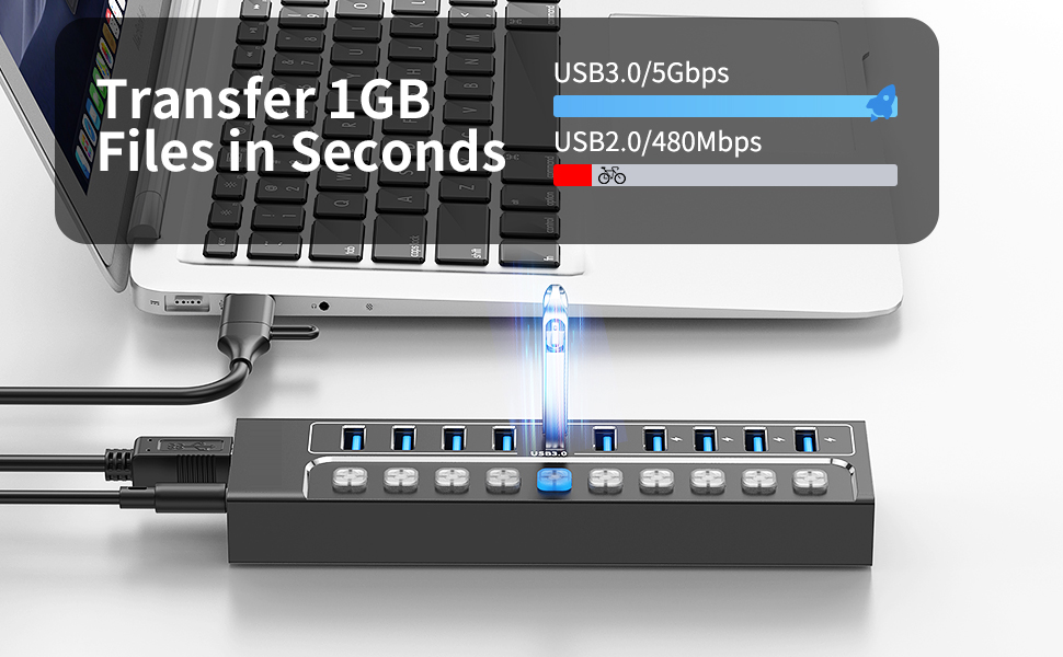 Powered USB Hub 3.0, 10-Port USB 3.0 Hub Splitter with Individual Switches and Indicator Lights, 10