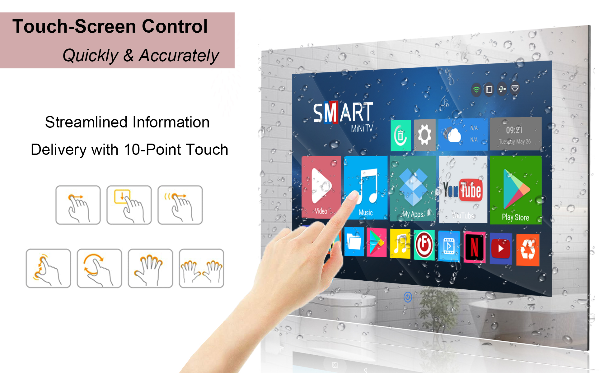 Haocrown 27 Inch Bathroom TV Waterproof Smart Mirror Touch Screen Android  11 Television, 500 cd/ High Brightness Full HD 1080P Built-in 2.4G/5G Wi-Fi  Bluetooth ATSC Tuner (8+64GB, 2023) 