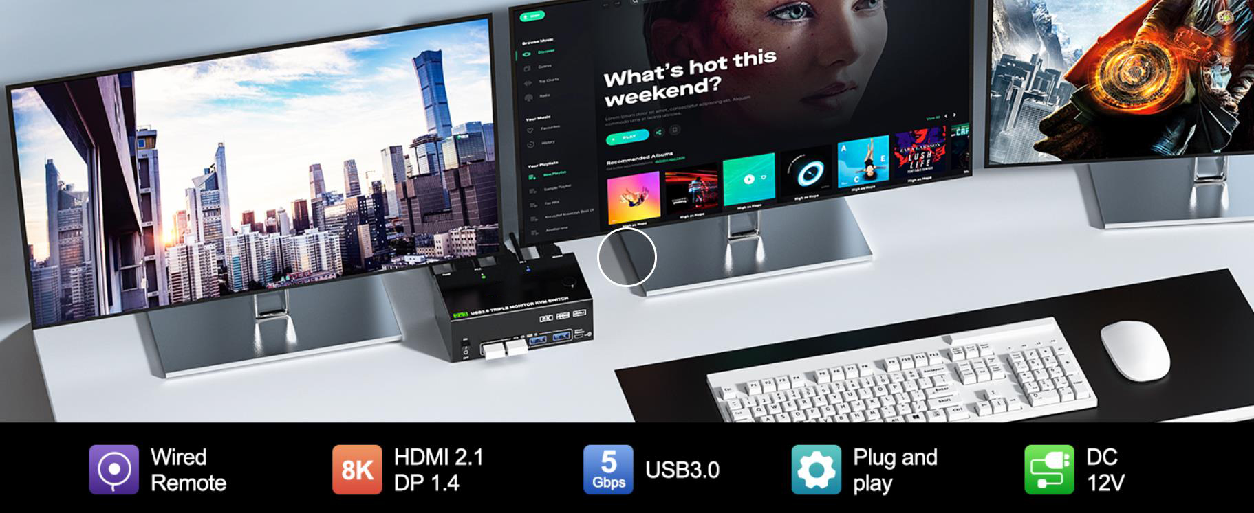 One computer outputs three identical or different screens (switch between 2 PCs)