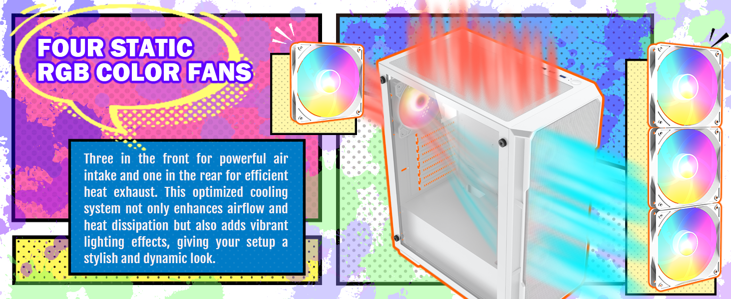 raidmax v212 while atx mid tower gaming acse, tempered glass, pre-installed 4 120mm fans,