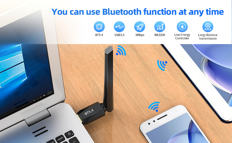 Bluetooth 5.4 Adapter for PC with Adjustable Antenna, 150M Long Range USB Dongle
