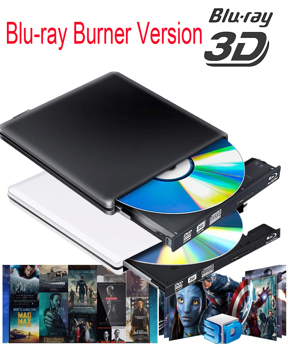 Aluminum External Blu Ray CD DVD Drive 3D, USB 3.0 and Type USB C Bluray  DVD CD RW Row Burner Player Compatible for MacBook OS Windows 7 8 10 PC  iMac,Black 