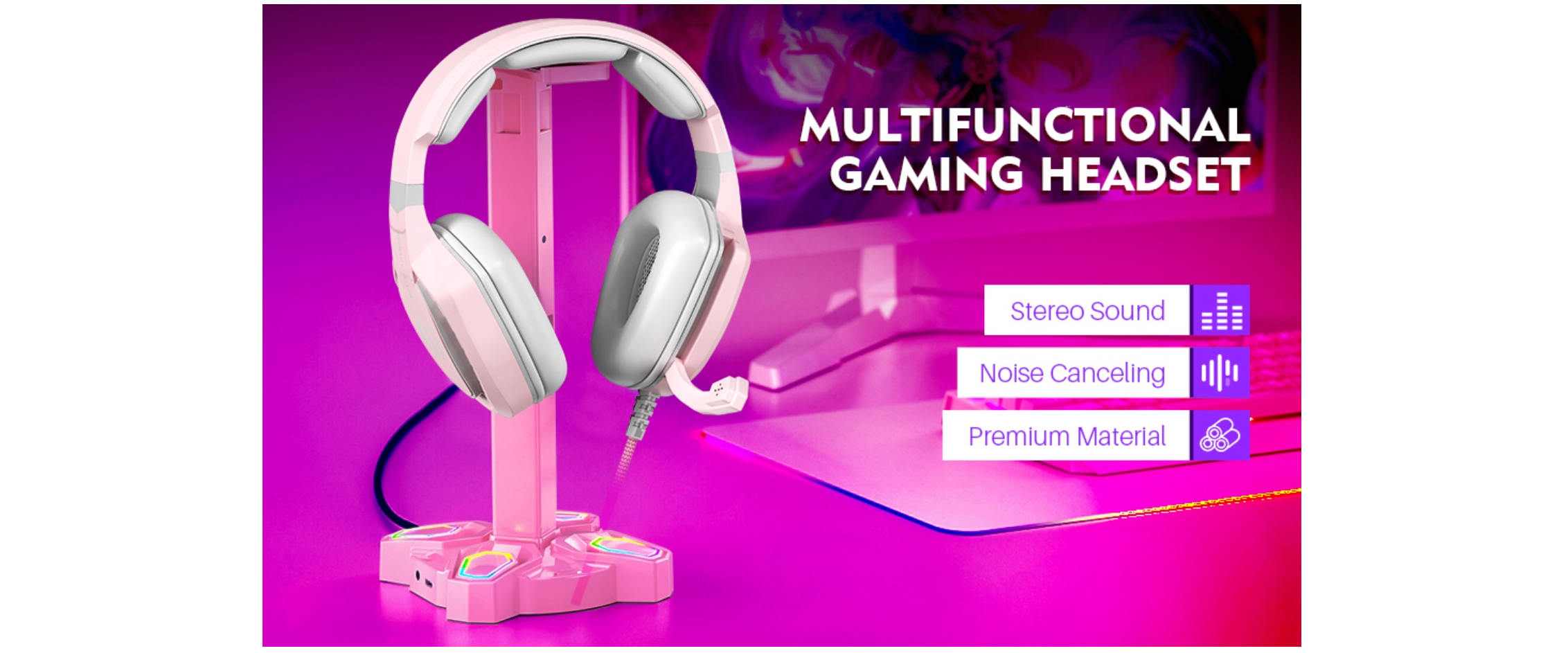 pink gaming headset,stereo sound,noise cancelling