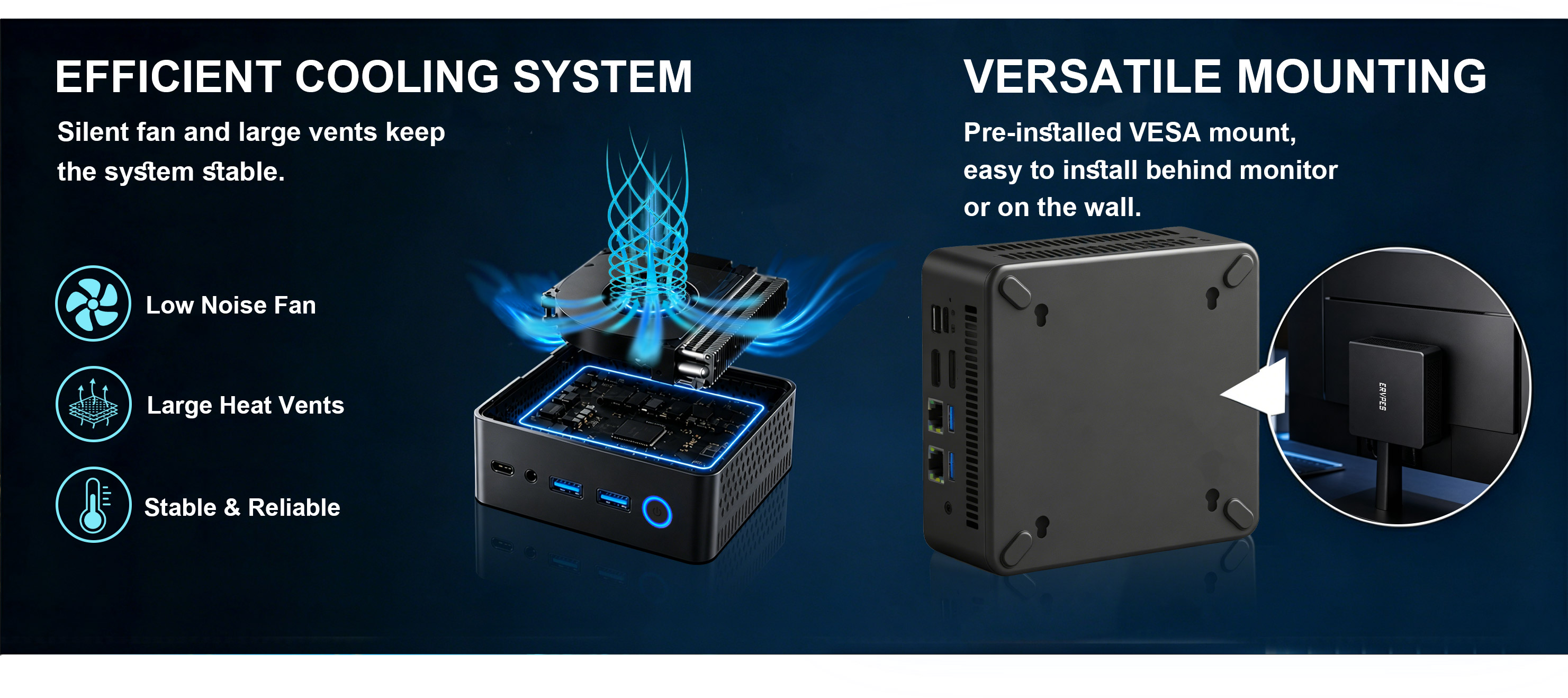 Low Noise Mini PC, Efficient Cooling, VESA Mount, Monitor Mount, Space-Saving Desktop
