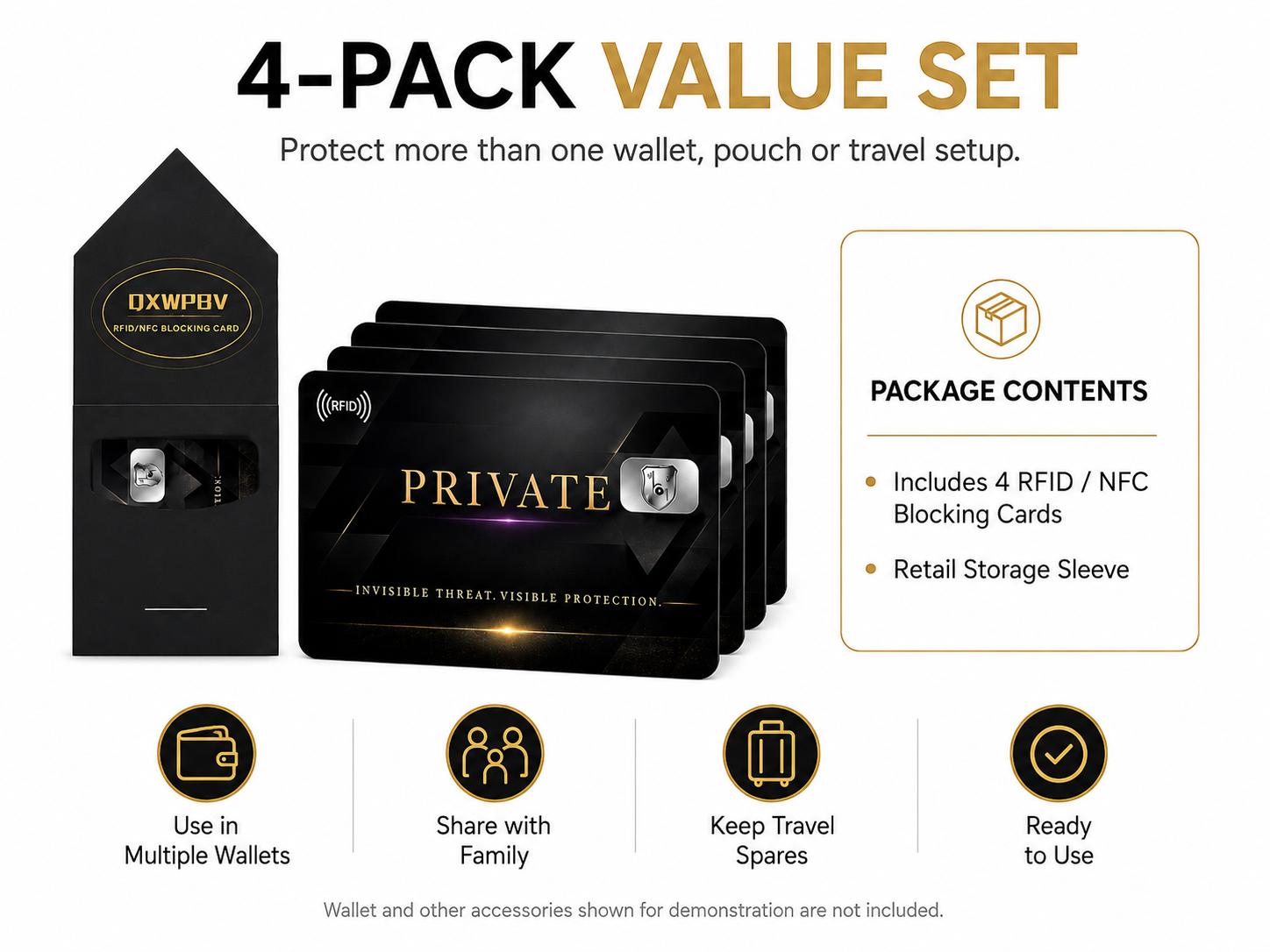 4 pack RFID blocking cards, RFID blocker multipack, NFC blocking card set
