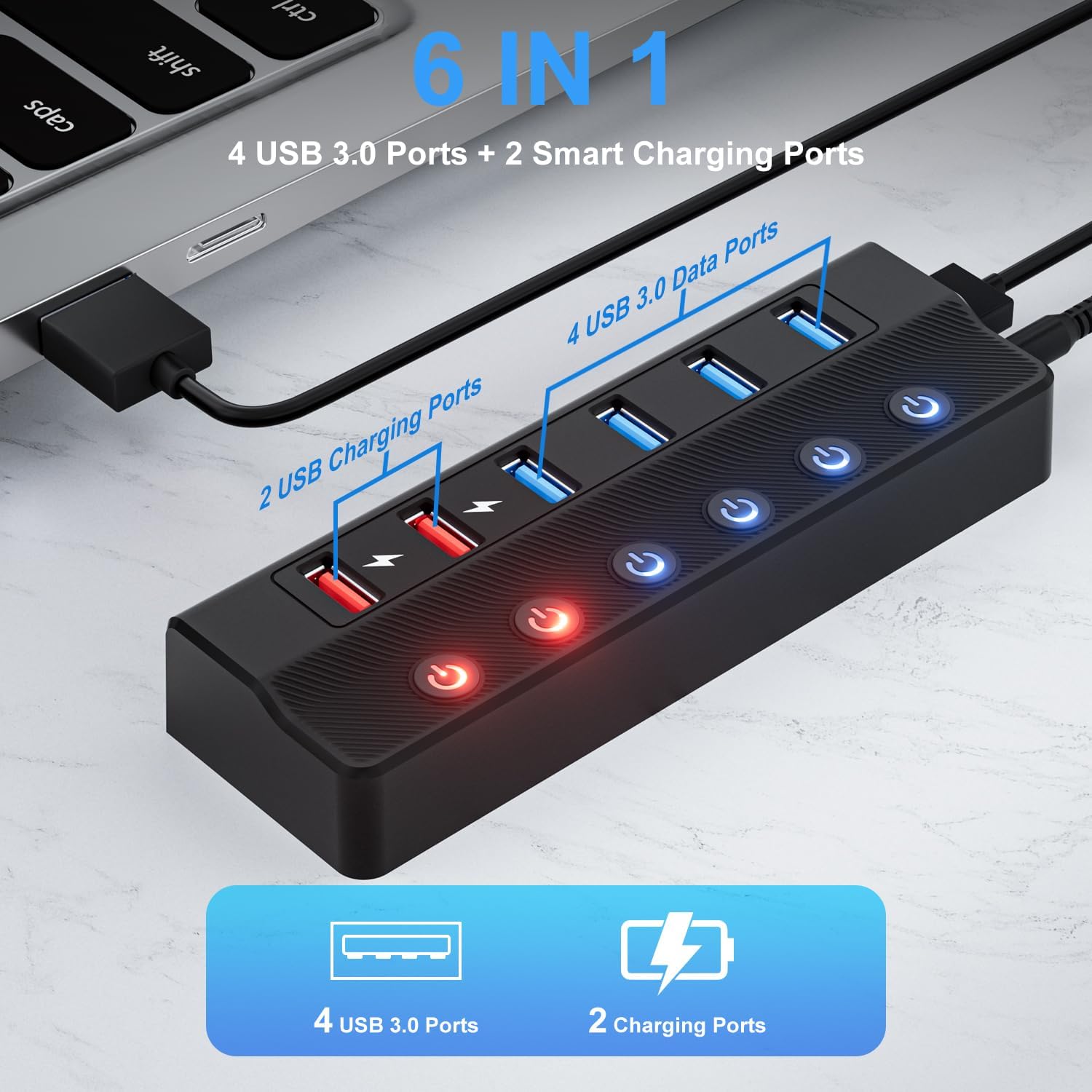 Powered USB hub expands 1 USB port to 4 USB 3.0 ports and 2 charging ports for keyboard, mouse, prin