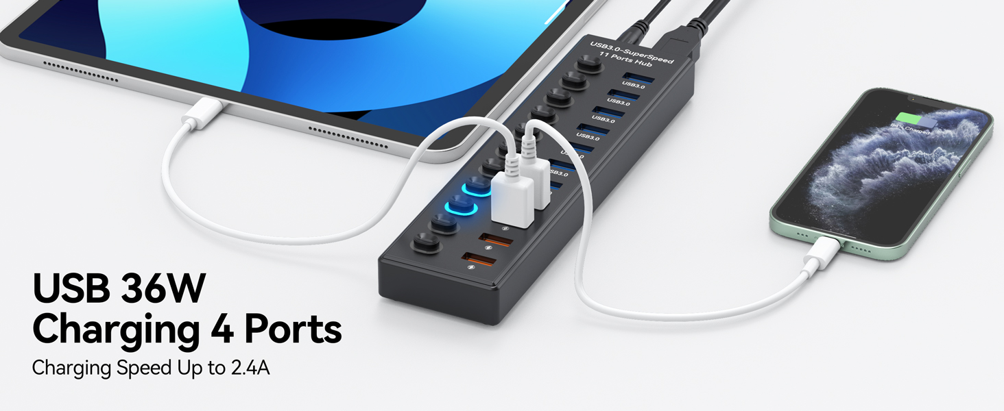 Powered USB 3.0 Hub 11-Port, Data 7 Ports + Charging 4 USB Ports