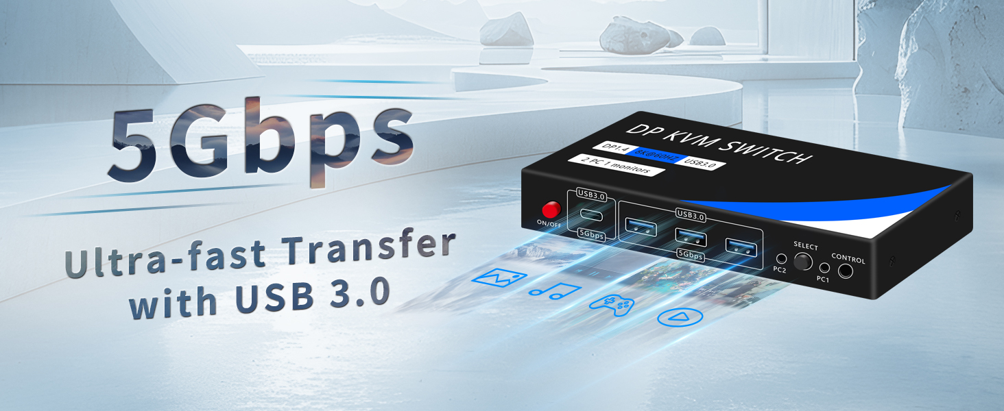 8K@60Hz Displayport KVM Switch 1 Monitor 2 Computers, USB 3.0 DP KVM Switches 4 USB Ports