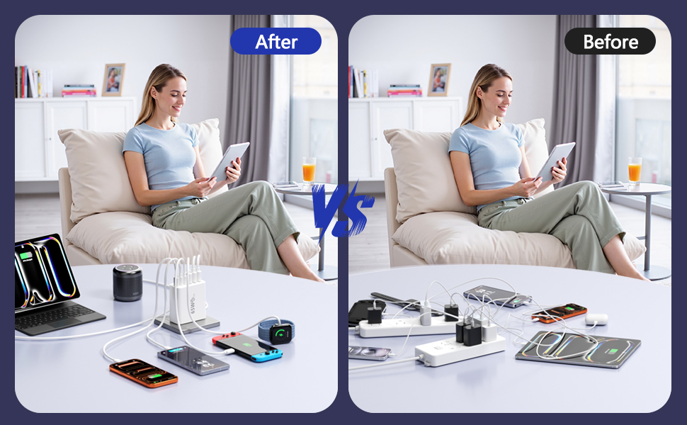 [2 Pack] 65W 6-Port USB C Fast Charger Block, 45W Type C Fast Charger Plug Power Adapter