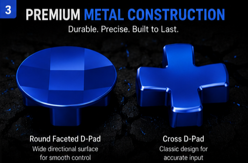 premium metal construction, blue metal d-pad
