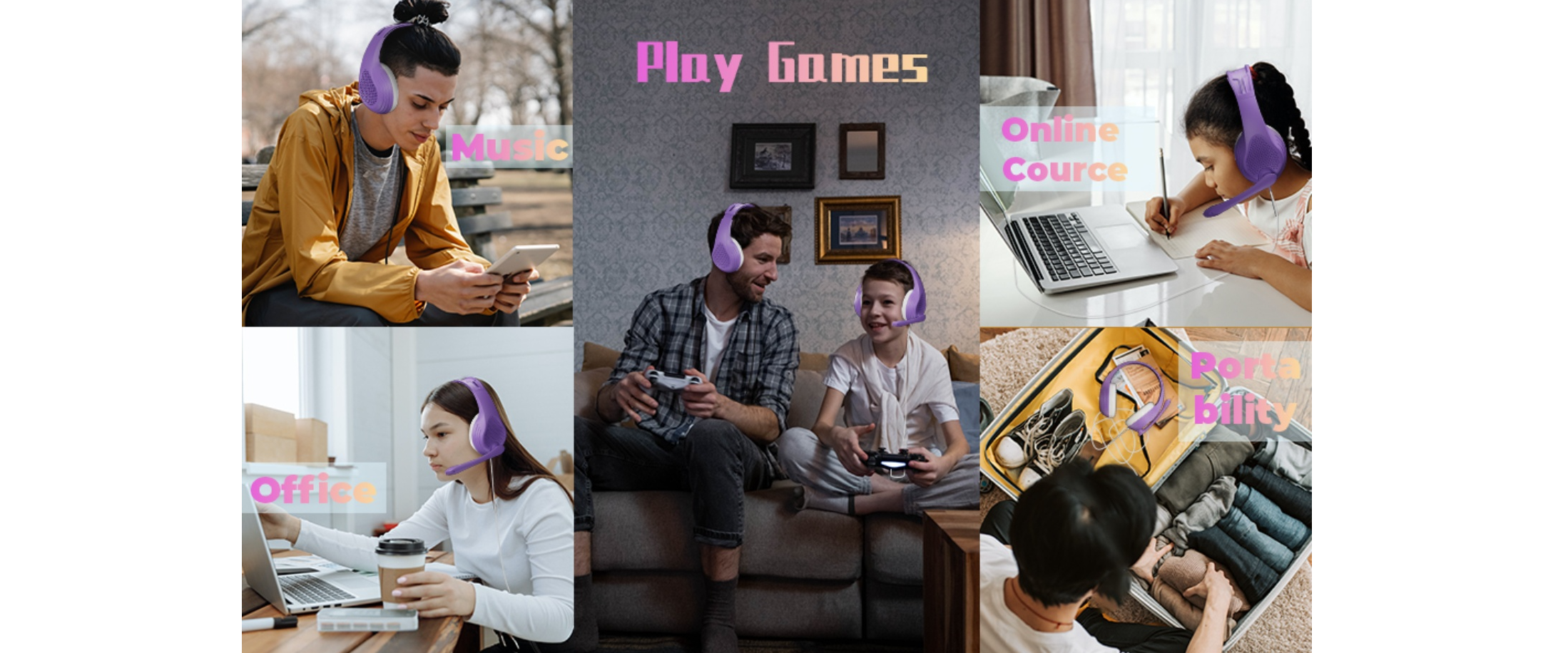 Purple headset, 110° adjustable microphone, audio spectrum