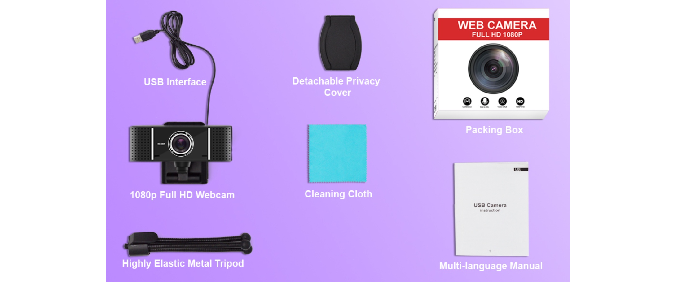 Webcam full accessories, USB camera, tripod, privacy cover, cleaning cloth, user manual