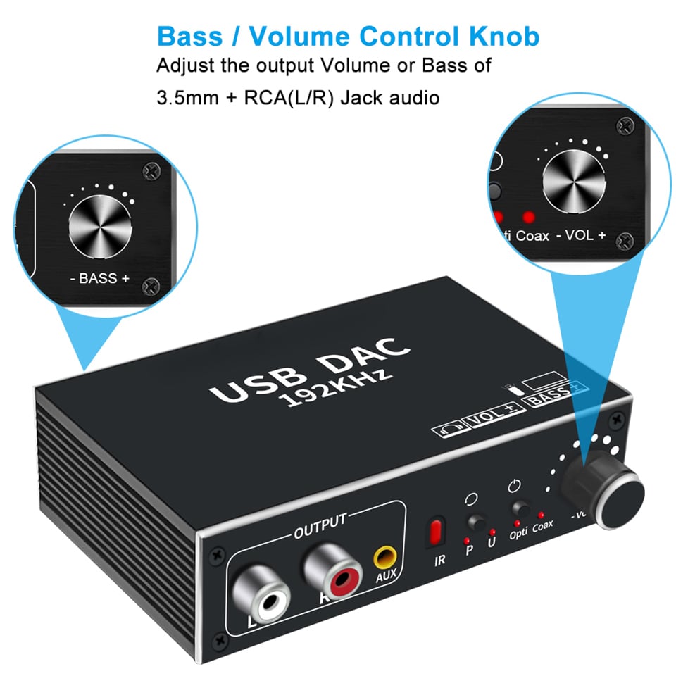 Digital to Analog Audio Converter with Remote, 192KHz DAC Converter with  Volume Control&Bass Adjustment, DAC Box with USB(PC)/Coaxial/Spdif Input  and