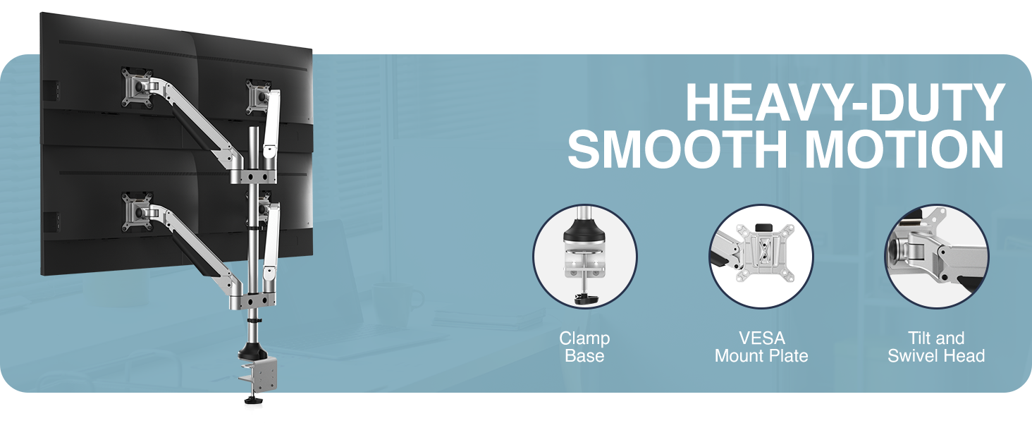 quad monitor desk mount, four screen ergonomic arm, heavy-duty 4 monitor stand, monitor VESA mount