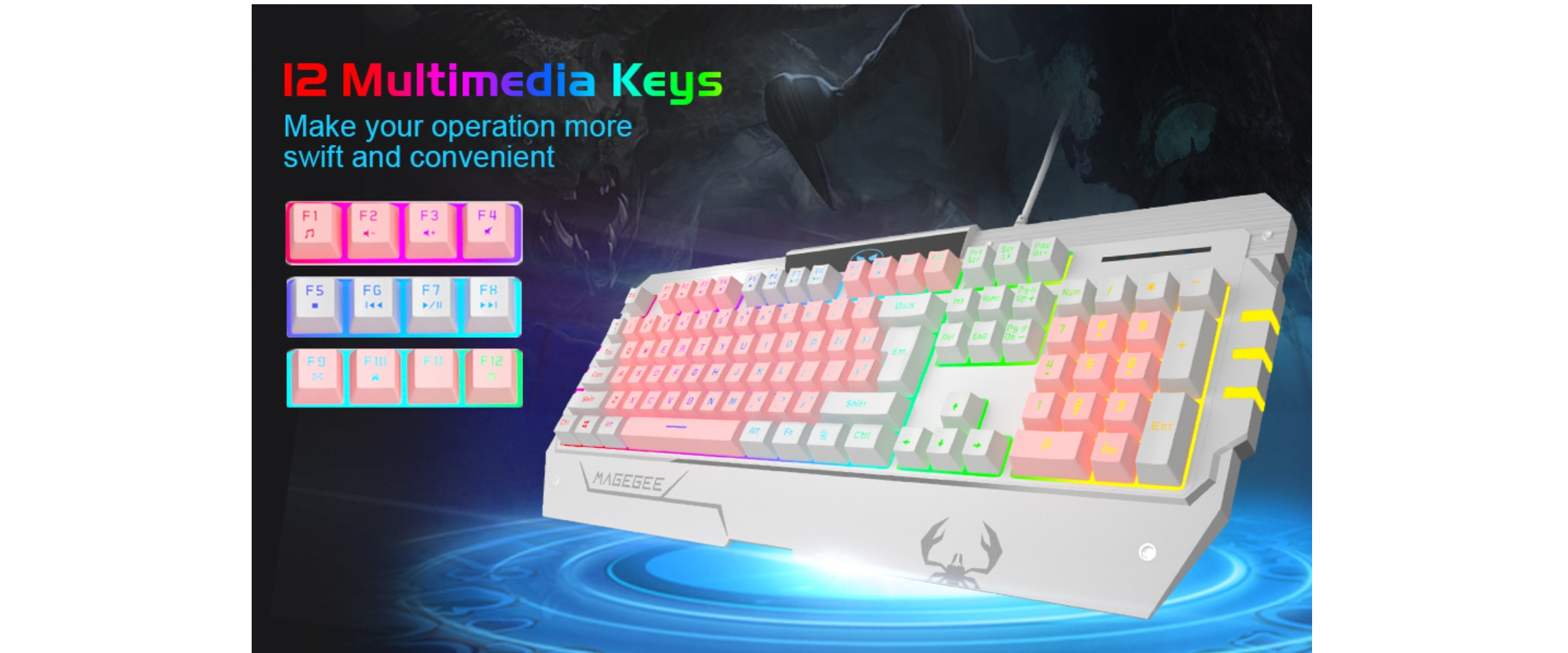 INMISS gaming keyboard, 12 multimedia function keys, rainbow RGB backlight