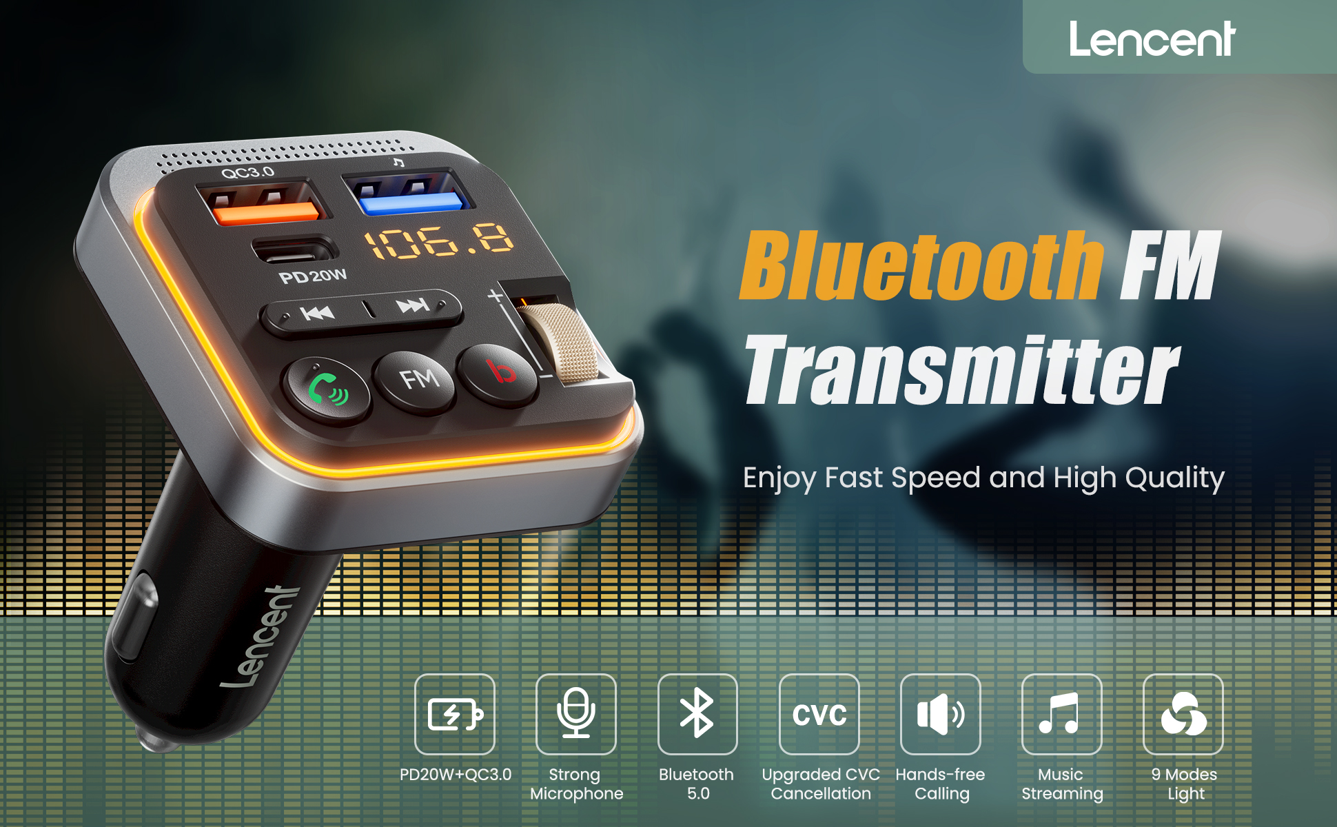 LENCENT Bluetooth 5.0 FM Transmitter for Car, [PD 20W + QC 3.0