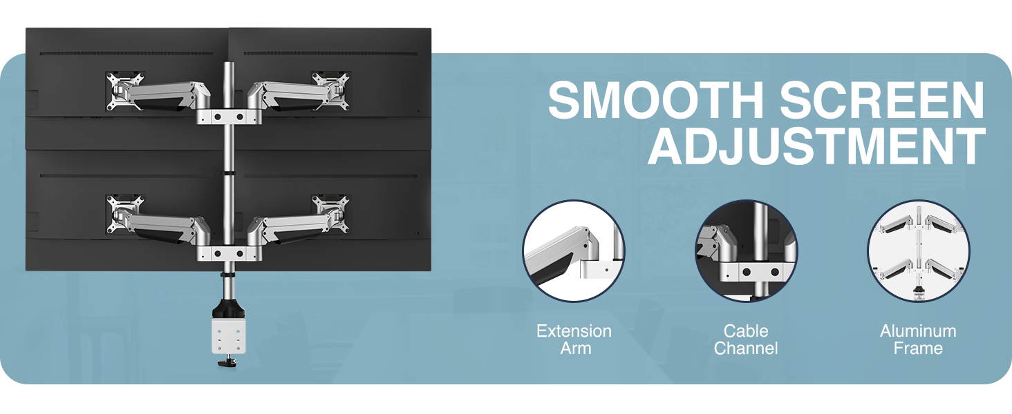 quad monitor desk mount, four screen ergonomic arm, heavy-duty 4 monitor stand, monitor VESA mount