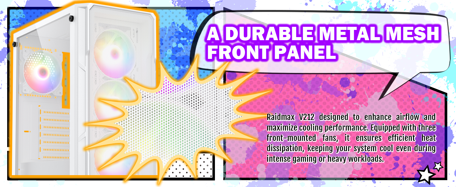 raidmax v212 while atx mid tower gaming acse, tempered glass, pre-installed 4 120mm fans,