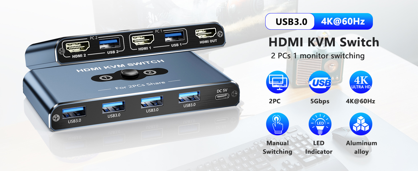 HDMI KVM Switch, 2 Port HDMI KVM Switch 1 Monitors 2 Computers, HDMI Switch, 4K@60Hz KVM Switches fo