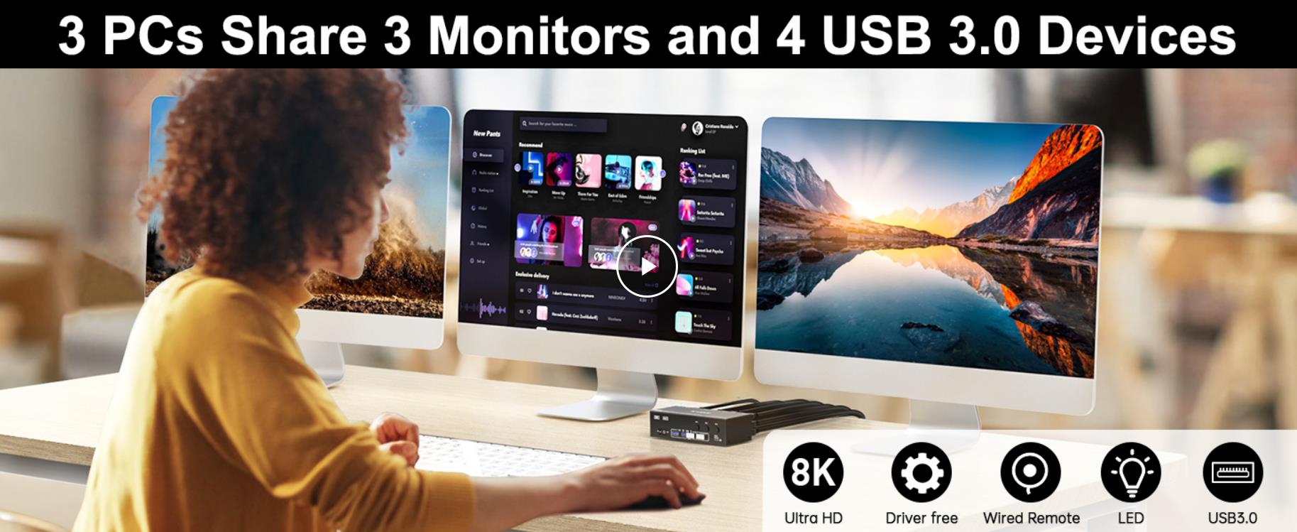 KVM Switch 3 Monitors 3 Computers 8K@60Hz 4K@144Hz, HDMI + 2 Displayport KVM Switch Triple Monitor