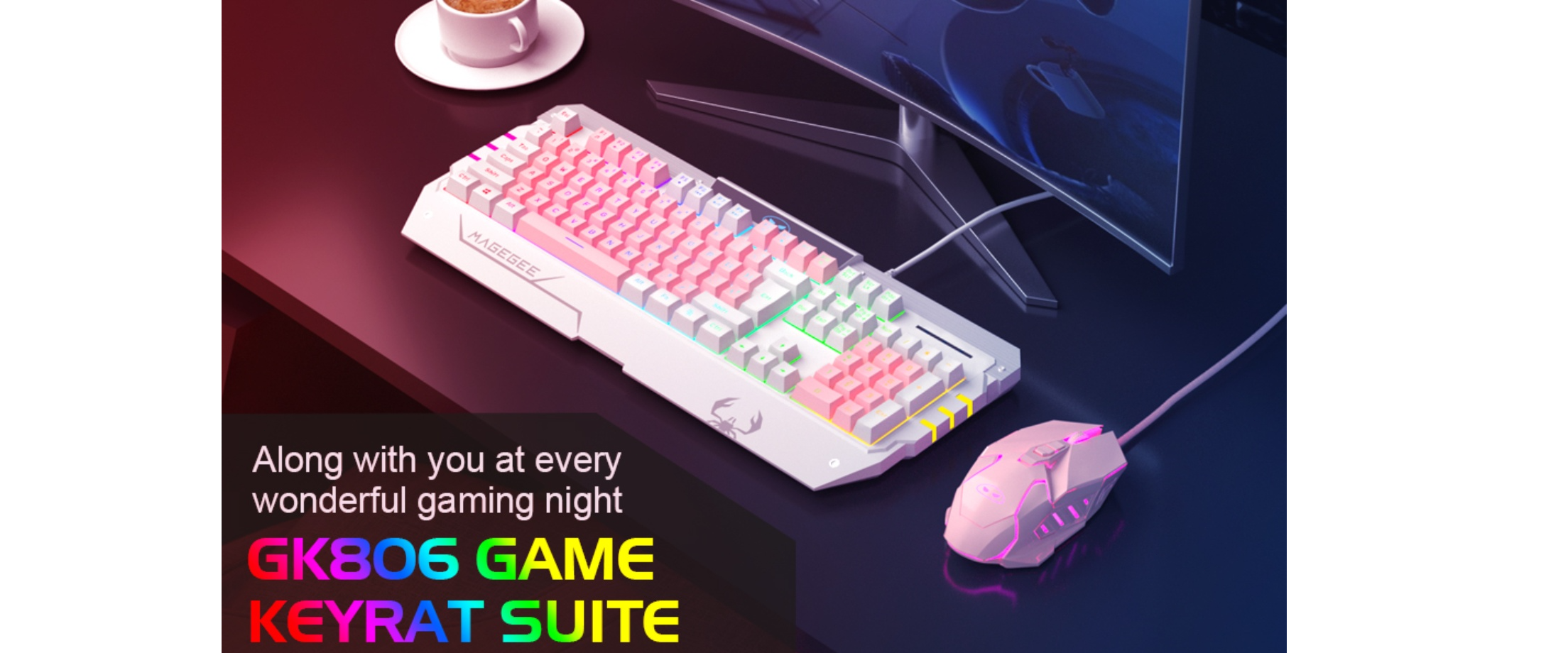 GK806 keyboard mouse suite, RGB backlight, gaming desktop, pink combo