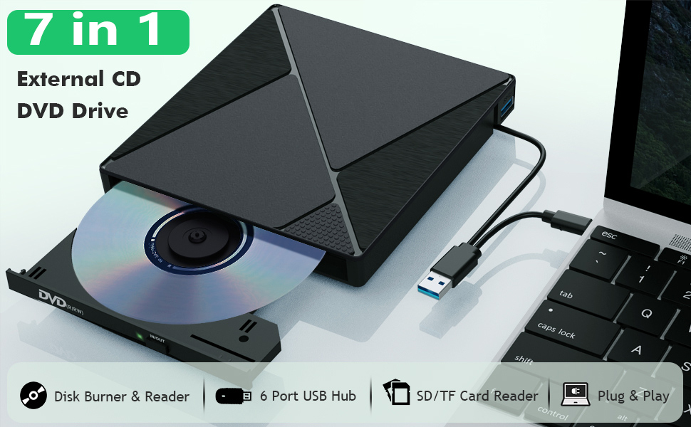 7 in 1 External CD DVD Drive, USB 3.0 Type C Optical Disc Drive, 4 USB Ports and 2 TF/SD Card Slots,