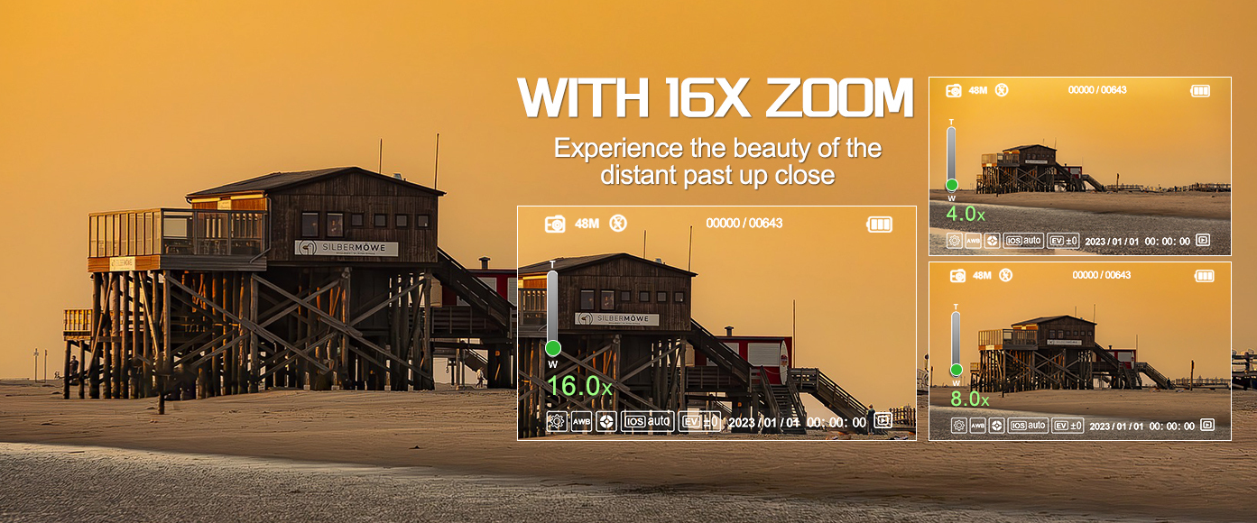 16x digital zoom sharply magnifies distant scenery, capturing faraway views without losing detail.