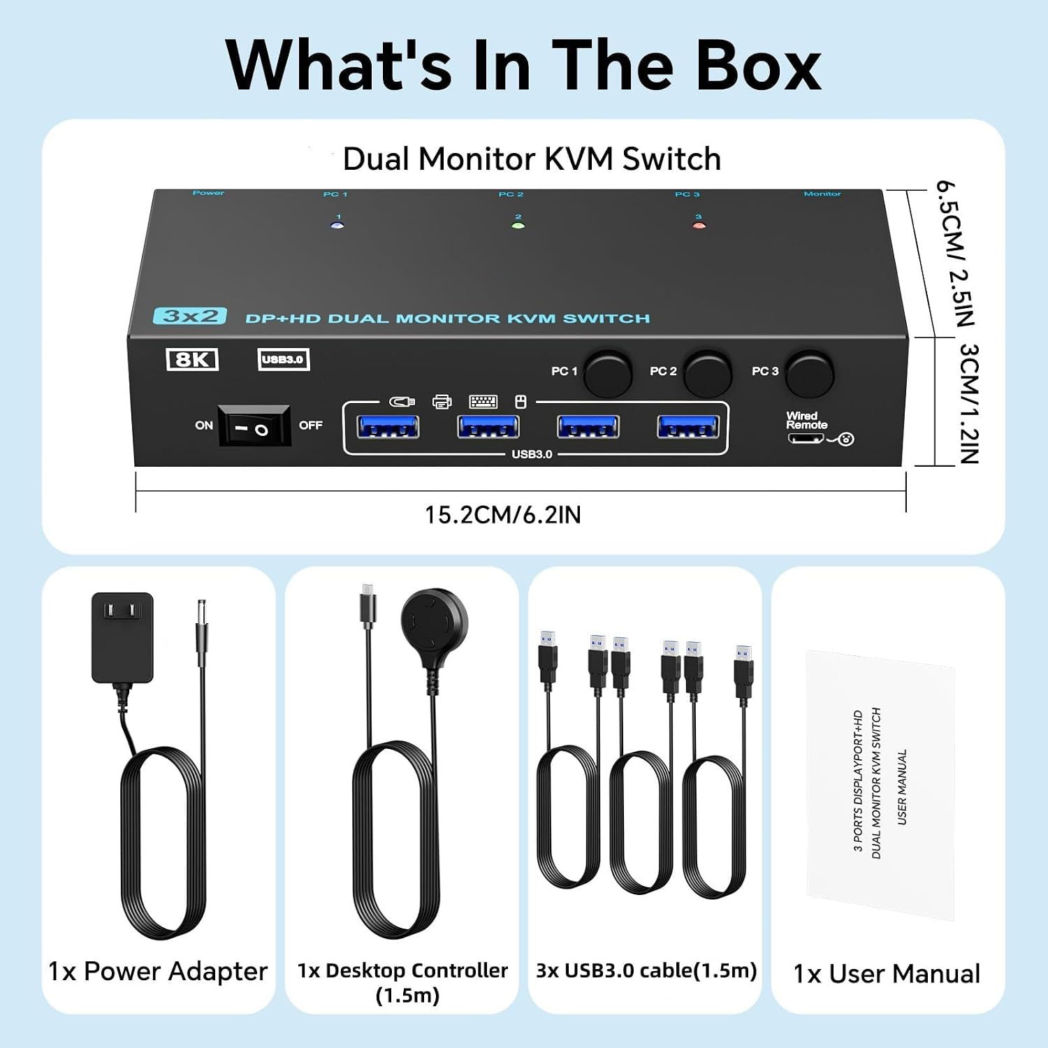 8K@60Hz KVM Switch 2 Monitors 3 Computers Displayport and HDMI 4K@144Hz, Dual Monitor KVM Switch 3 P