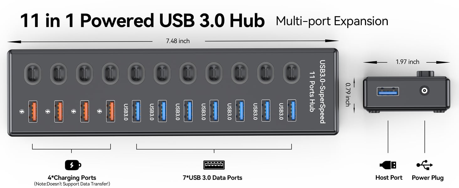 Powered USB 3.0 Hub 11-Port, Data 7 Ports + Charging 4 USB Ports