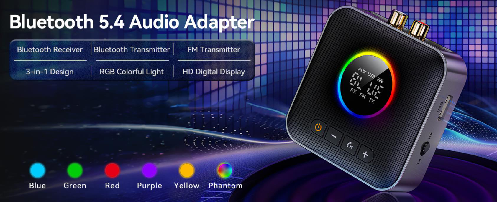 Bluetooth 5.4 Transmitter Receiver, 3-in-1 Bluetooth Adapter HiFi Audio Bluetooth Receiver FM Transm