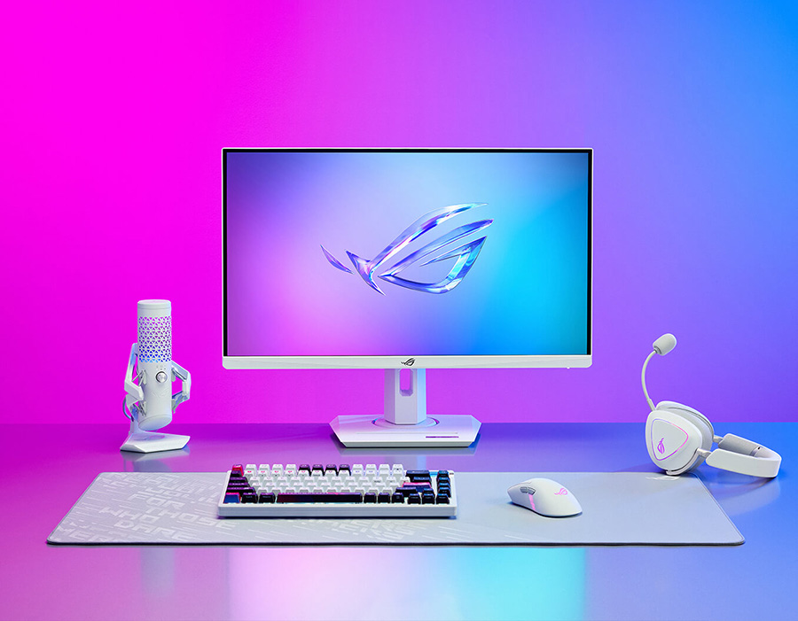 ROG Delta II Moonlight White Edition on a headset stand beside a white ROG monitor