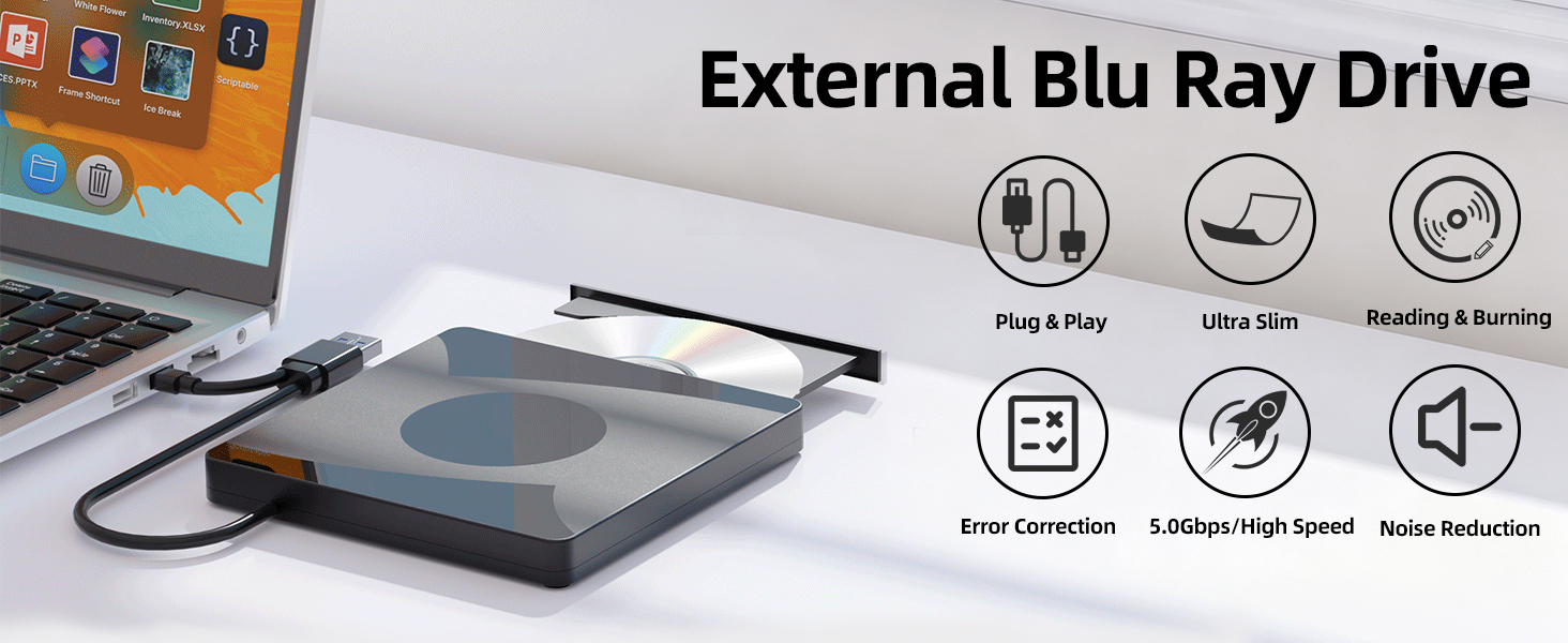 External Blu Ray Drive for Laptops, USB 3.0 DVD Drive, Support 3D Playback Bluray Burner Type-C Exte