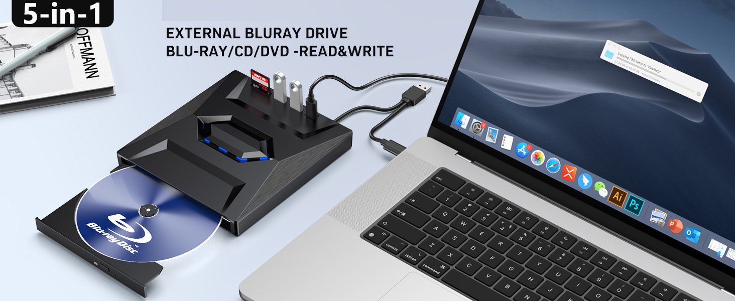 External Blu Ray Drive, [5 in 1] Portable Bluray Player Writer Reader, CD Burner with USB 3.0 2.0 Ty