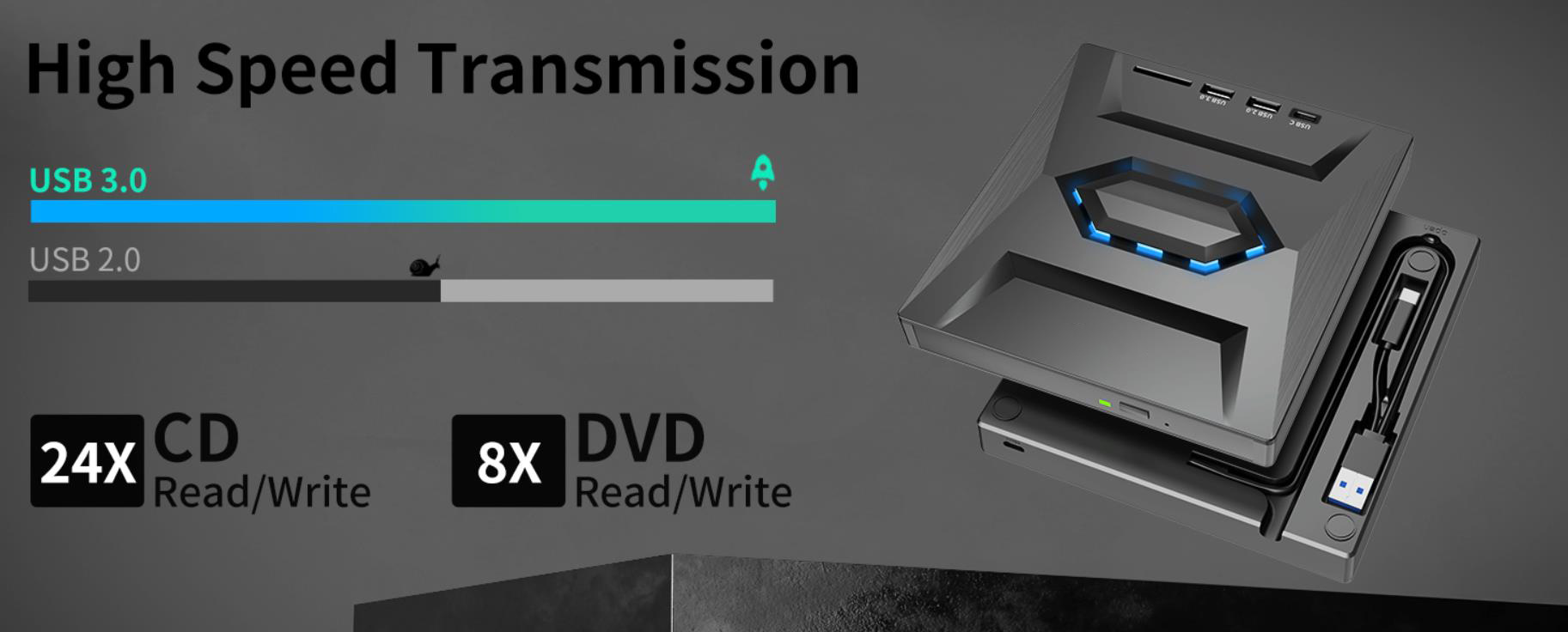 IHDAPP 5-in-1 External CD DVD Drive, USB 3.0 & USB C Portable CD/DVD +/-RW Burner DVD Player