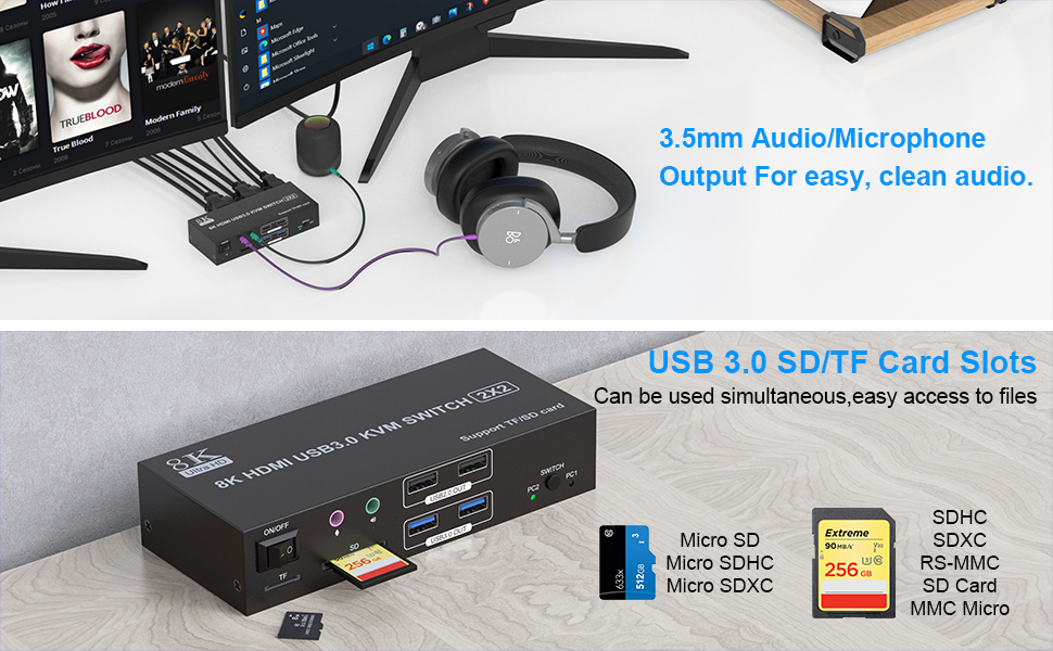 Audio and microphone output 8K monitor KVM switch comes with a 3.5mm Audio port and a 3.5mm mic