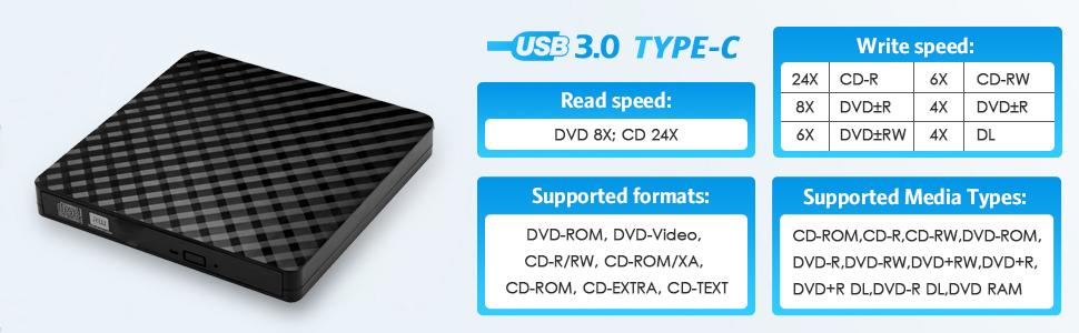 External CD DVD Drive, USB 3.0 Type-C Portable CD DVD +/-Rw Drive Reader