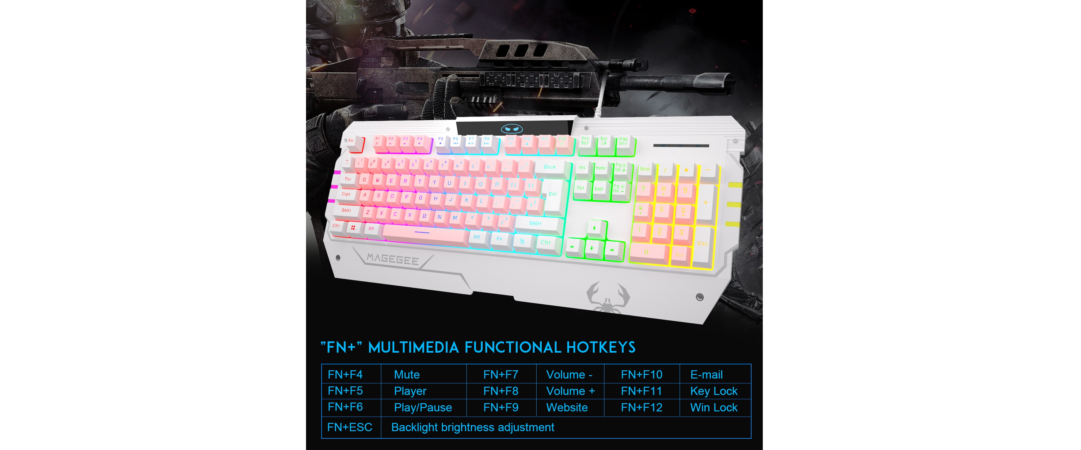 Magegee gaming keyboard, FN multimedia hotkeys, RGB backlit, game background