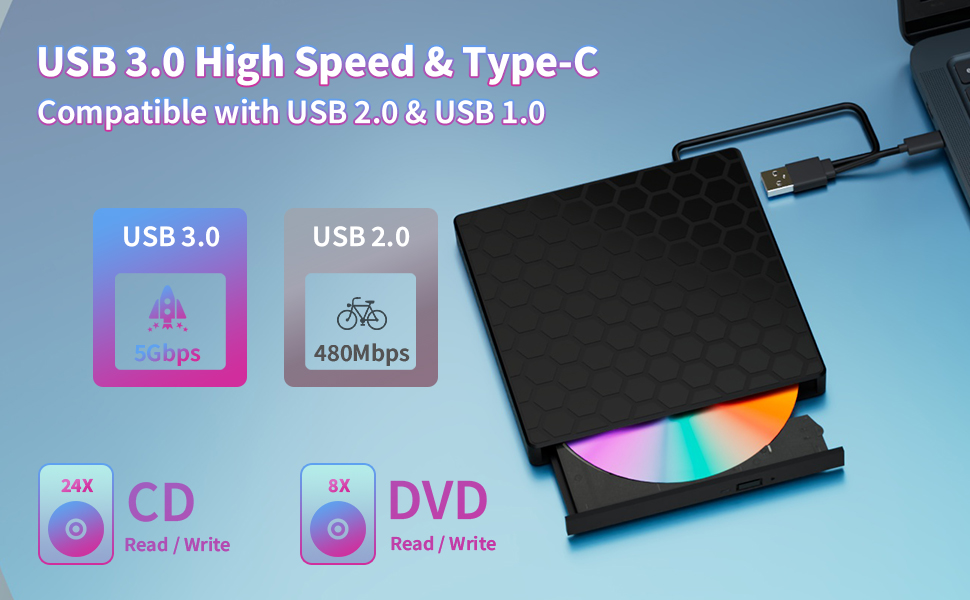 External CD DVD Drive for Laptop, USB 3.0 Type C Slim Portable DVD Player CD DVD RW Writer Reader Bu