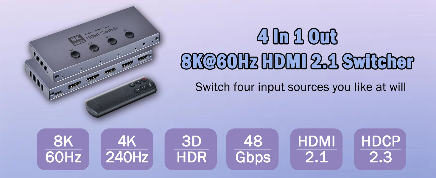 4 Ports 8K HDMI 2.1 Switch, 4 in 1 Out HDMI 2.1 Switcher Supports 8K@60Hz, 4K@240Hz