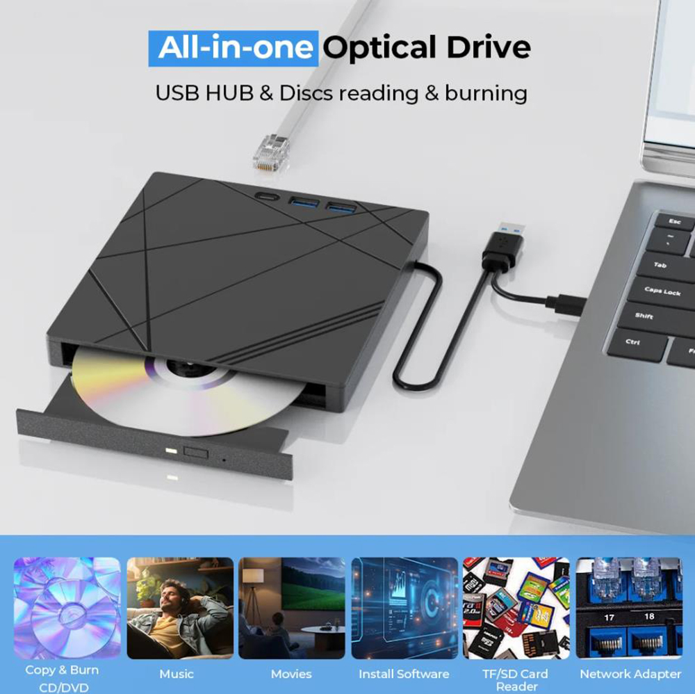 External CD/DVD Drive For Laptop PC USB3.0 Portable DVD Player With LAN/SD/TF Ports CD Reader