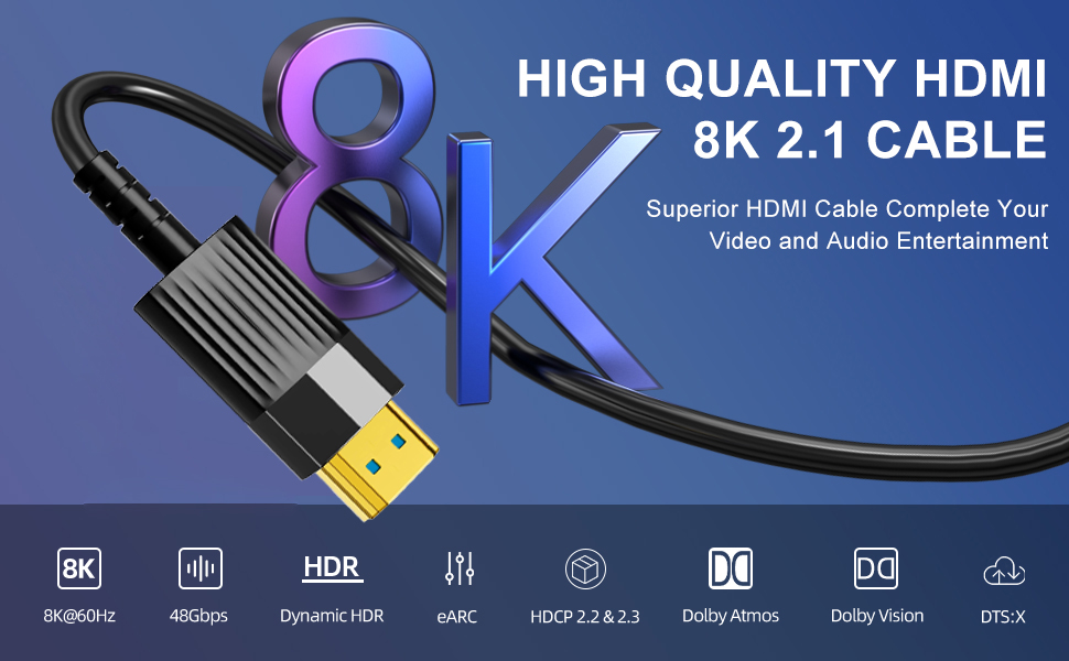 8K Fiber Optic HDMI2.1 Cables, 50FT/15M 48Gbps 8K & 4K Ultra High Speed  Cords(8K@60Hz 7680x4320, 4K@120Hz) eARC HDR10 HDCP 2.2 & 2.3 3D, Compatible