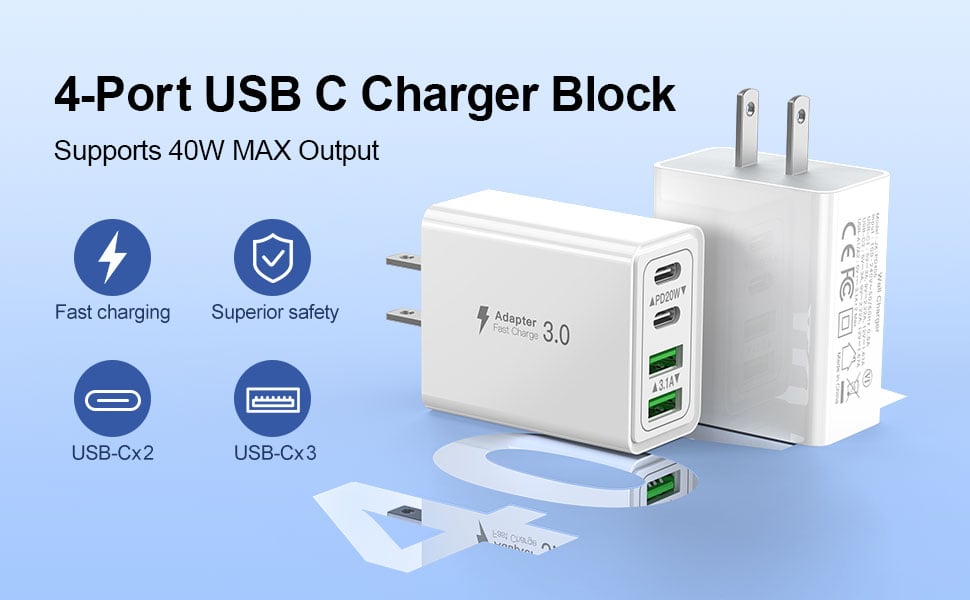 USB C Charger Block, 2-Pack 40W 4-Port PD Fast Charging Dual USB C Wall Charger, Multiport Power Ada