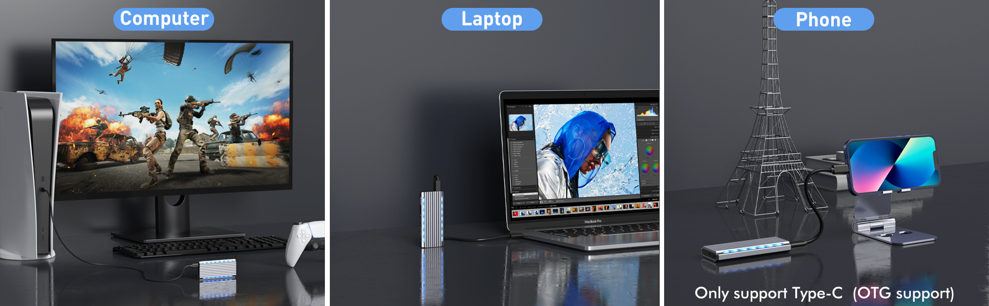 GMM SSD enclosure supports NVMe or SATA protocol, NVMe can reach up to 10gbps bandwidth. Our SSD enc