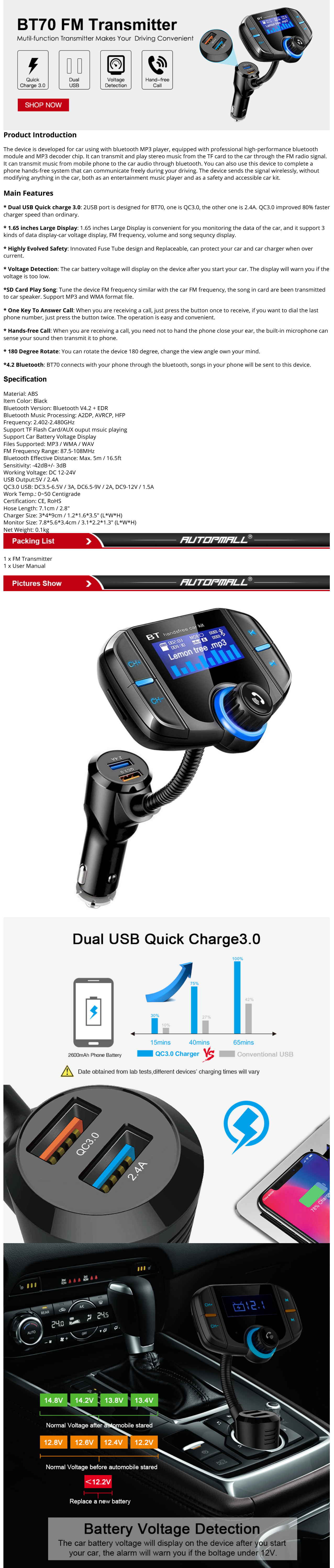 Bluetooth Fm Transmitter for Car,Wireless Bluetooth FM Radio Transmitter  Adapter and Receiver/Car Kit with Hands Free Calling,Dual USB Charging Car  Charger MP3 Player Support TF Card & USB Disk 