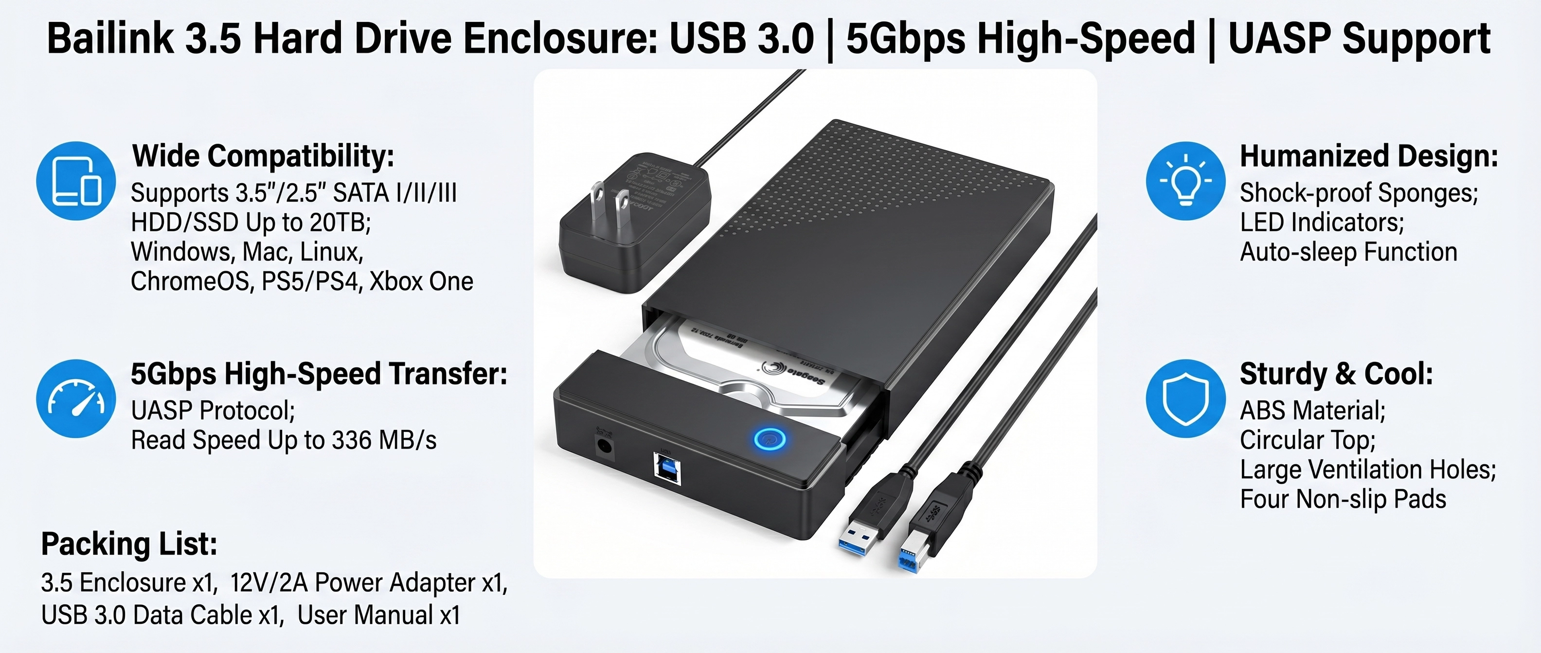 3.5 Hard Drive Enclosure, USB 3.0 Internal/External Hard Drive Case Lay-Flat Dock Station for 3.5/2.5 inch SATA HDD Up to 20TB Data Recovery Kit Support UASP with 12V 24W Power Adapter