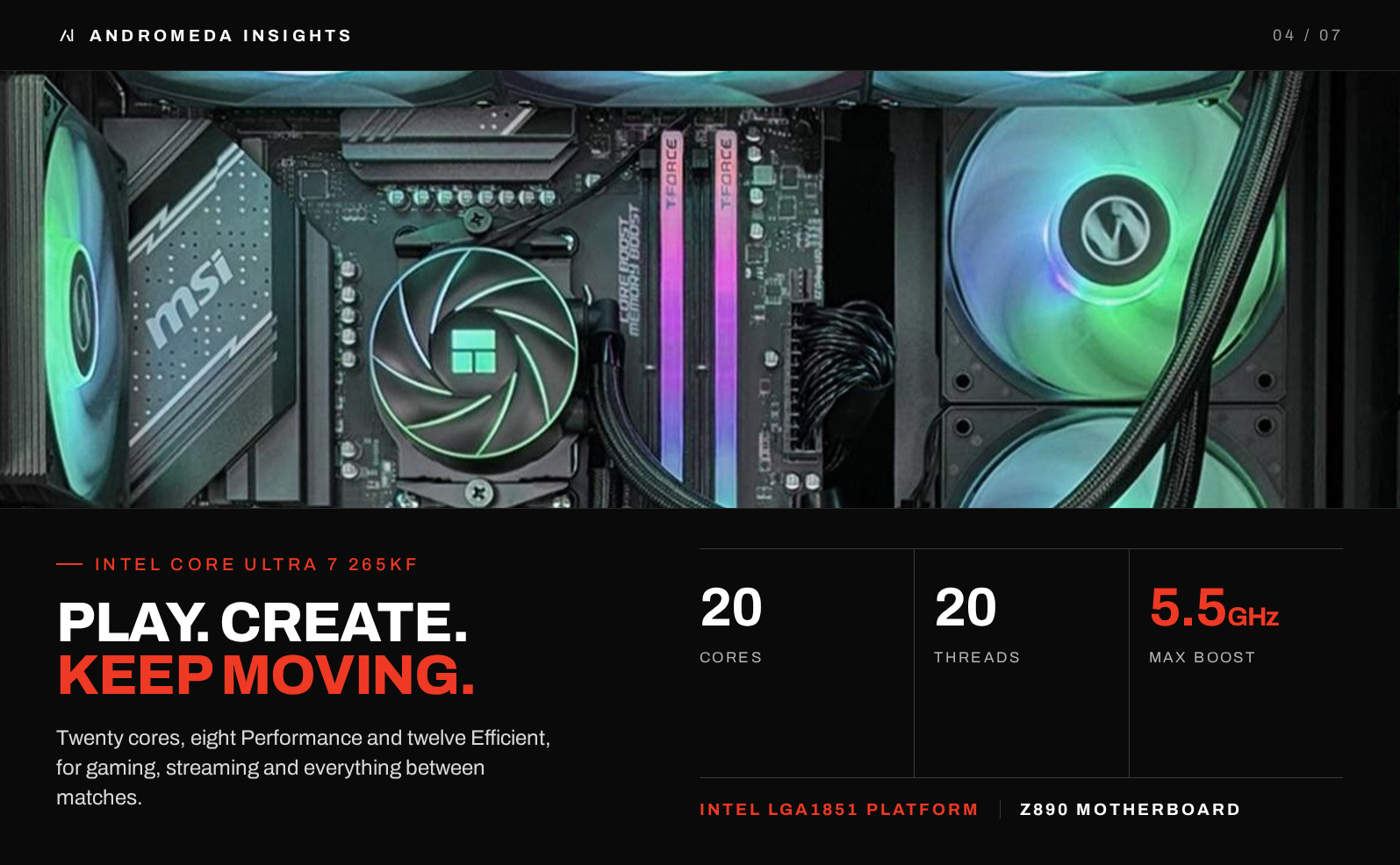 Intel Core Ultra 7 265KF with 20 cores, 20 threads and up to 5.5 GHz boost