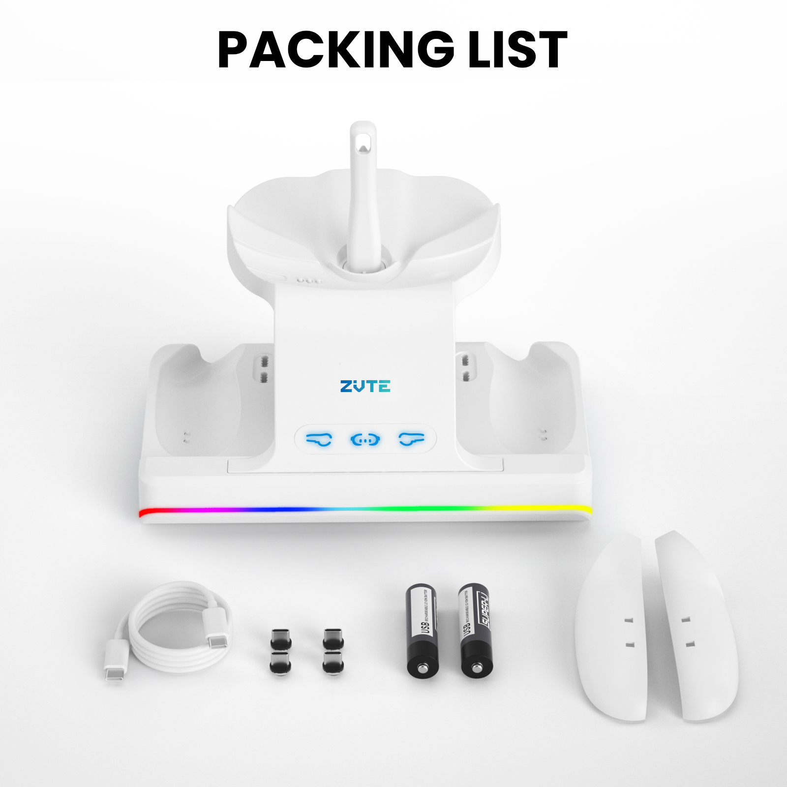 the packing list include 1 charging dock, 2 batteries, 1 charging cable, 4 magnetic head, 2 covers