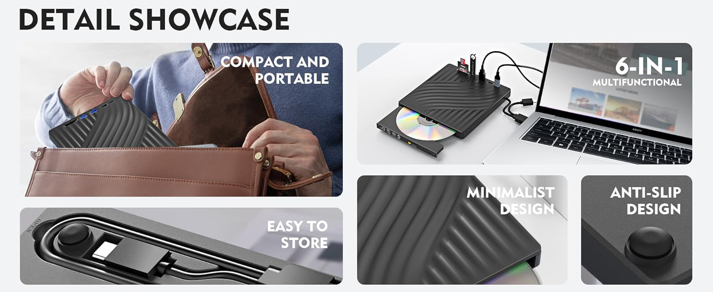 Multi-Function External CD/DVD Drive with 3 USB A, 1 USB C & SD Card Reader, Portable DVD Player Bur
