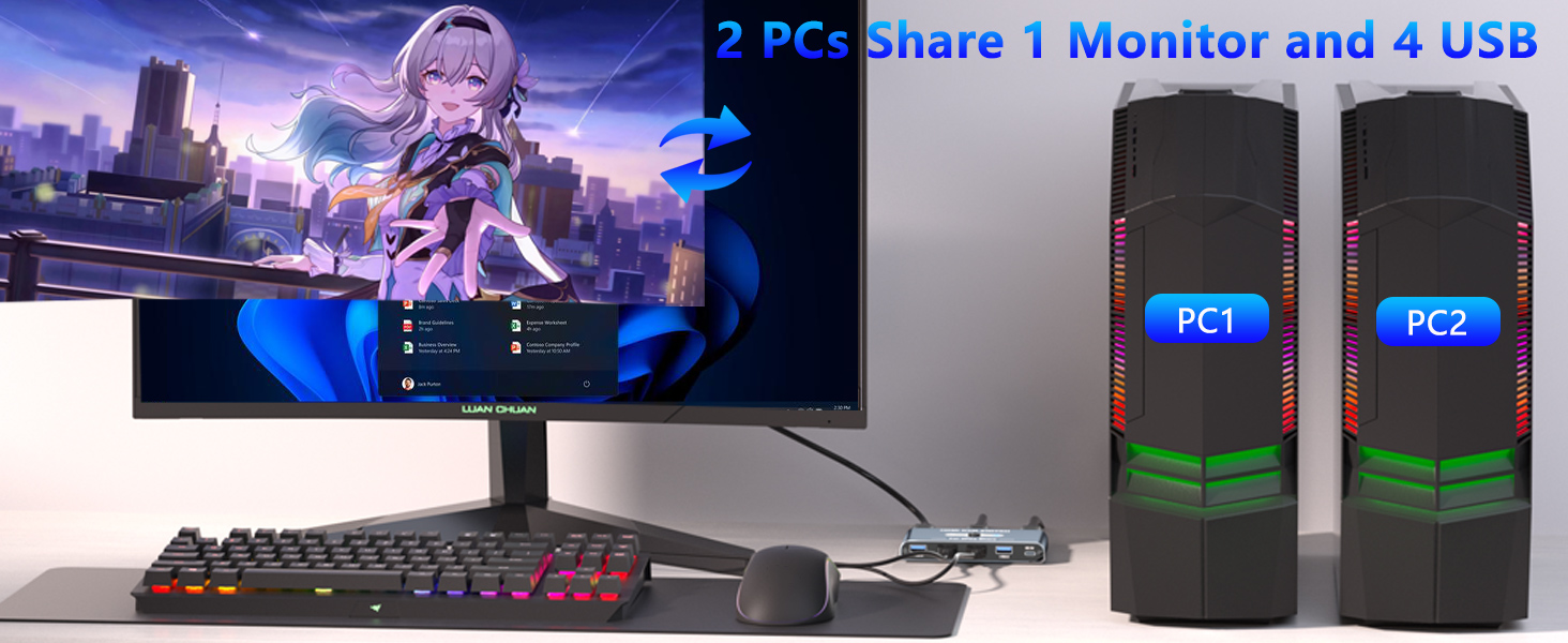 The KVM Switch usb comes with 4 USB 3.0 ports with transfer rates up to 5Gbps for connecting periphe