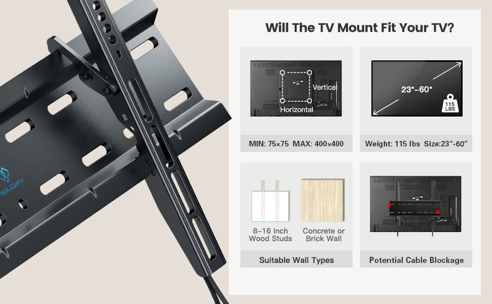 Tilt TV Wall Mount Bracket for Most Universal 23-55 Inch Flat Curved Screens LED LCD OLED TV Low Profile Easy to Install On 8-16 Wood Studs Max VESA 400x400mm Holds up to 99lbs 